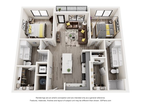 Floor plan for 2 beds, 2 baths, 1053 sqft